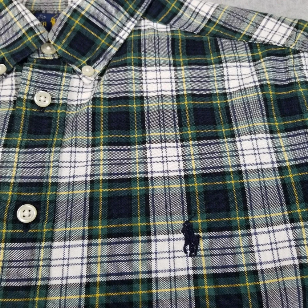 Ralph Lauren Button Up Shirt Boys L Large Green Blue Plaid Pony Long Sleeve Logo